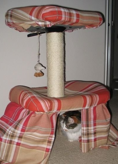 Zweistöckiges Haus und Katzenkratzbaum von einem Bürostuhl