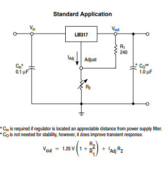 Lineaarinen jännitesäädin säädettävällä LM317- ja PNP-transistorilla